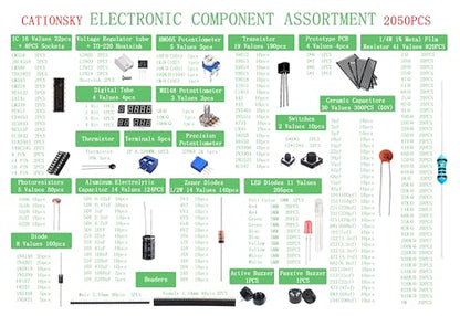 Electronic Component Kit Total 2050 Pcs, LED Diodes, Resistors, Electrolytic Capacitor Package, Common Diodes, Ceramic Capacitors, Digital Tube,Common Transistor,Integrated Circuit Assortment Box