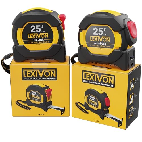 LEXIVON [2-Pack] 25Ft/7.5m Tape Measure, DuaLock & AutoLock | 1-Inch Wide Blade with Nylon Coating, Matt Finish White & Yellow Dual Sided Rule Print | Ft/Inch/Fractions/Metric (LX-204) - size: 2PK-25FT DuaLock & AutoLock