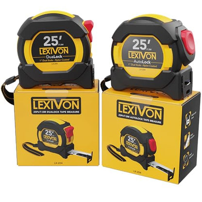 LEXIVON [2-Pack] 25Ft/7.5m Tape Measure, DuaLock & AutoLock | 1-Inch Wide Blade with Nylon Coating, Matt Finish White & Yellow Dual Sided Rule Print | Ft/Inch/Fractions/Metric (LX-204) - size: 2PK-25FT DuaLock & AutoLock