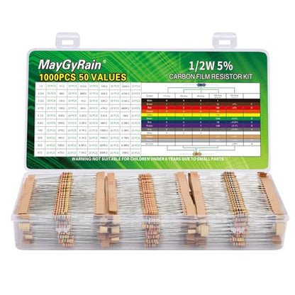 Carbon Film Resistor Kit, 50 Values 1/2W 5% Tolerance Resistors Assortment,0-10M Ohm Through Hole Resistors with Storage Box for Arduino,DIY Electronics Circuit Repair (1/2WJ-50V-1000PCS, Carbon) - style: 1/2WJ-50V-1000PCS