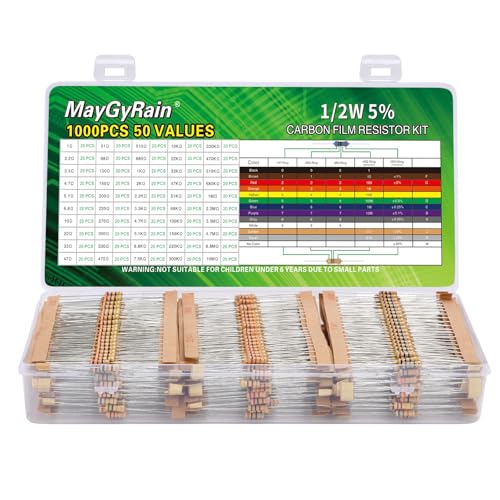 Carbon Film Resistor Kit, 50 Values 1/2W 5% Tolerance Resistors Assortment,0-10M Ohm Through Hole Resistors with Storage Box for Arduino,DIY Electronics Circuit Repair (1/2WJ-50V-1000PCS, Carbon) - style: 1/2WJ-50V-1000PCS