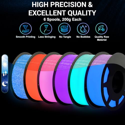 Glow in the Dark PLA+ Filament, 6 Pack 200g Spool Bundle, 1.75mm - color: Shiny Firefly Blue+orange+pink+purple+blue Green+blue Purple