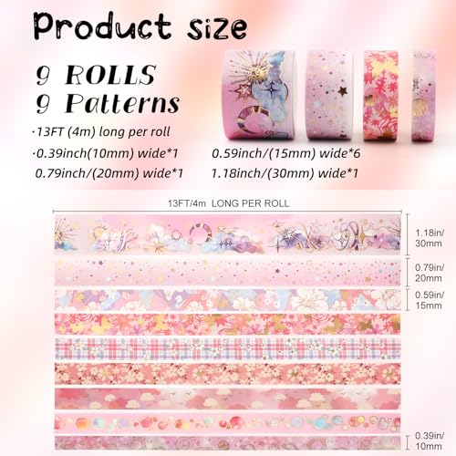 9 Rolls Gold Floral Washi Tape Set,Gold Foil Pink Floral Pattern Decorative Tape,Butterfly Star Decorative Masking Tapes for DIY Scrapbook Design Journaling Handbook Making Card Wrap Craft Gift - style: Pink flowers