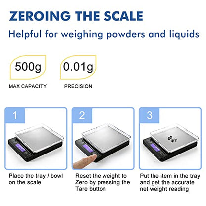 KitchenTour Mini Gram Scale for Coffee, Jewelry and Small Items, 500g x 0.01g Digital Pocket Scale with Tare, 6 Units, Back-Lit LCD, 2 Trays, Black (Pack of 2) - size: 500g/0.01g (Pack of 2)