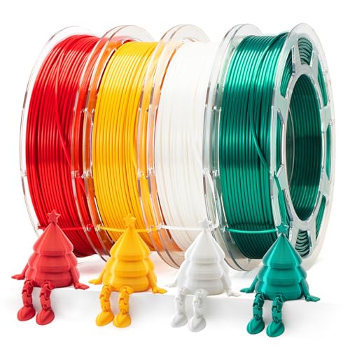 Silk PLA Filament Bundle, 3D Printer Filament 1.75mm Multicolor Christmas Pack -White, Gold, Green, Red, Creating Christmas Ornaments, or DIY Gifts, 200g x 4 Spools - color: Silk White/Christmas Green/Red/Gold 200g*4 Pack