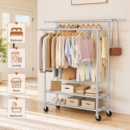 Heavy Duty Clothes Rack, Double Rod Garment Storage Organizer, Silver - color: Silver