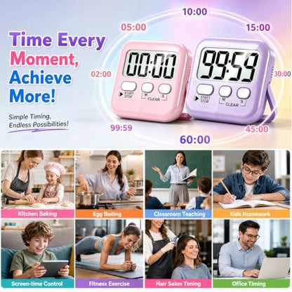 Antonki 2 Pack Digital Timer for Kids Classroom Kitchen Timers for Cooking - color: Pink + Purple
