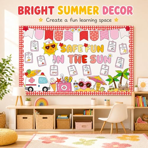 Sunshine Sun Bulletin Board Set Safe Fun in the Sun Classroom Decorations Summer Classroom Sunshine Safety Paper Cutouts for Back to School Teachers Chalkboard Wall Door Decor - style: Sun