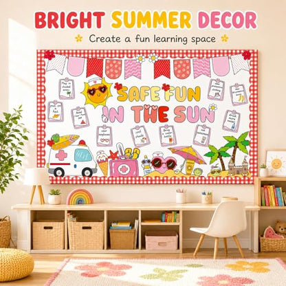 Sunshine Sun Bulletin Board Set Safe Fun in the Sun Classroom Decorations Summer Classroom Sunshine Safety Paper Cutouts for Back to School Teachers Chalkboard Wall Door Decor - style: Sun