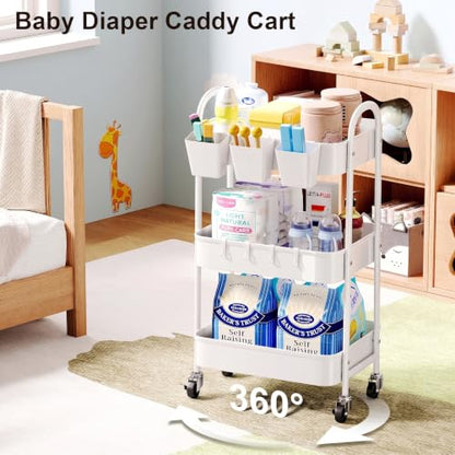 3 Tier Heavy Duty White Metal Rolling Cart with Lockable Wheels, Baby Carts - color: Simple White, size: 3 tier