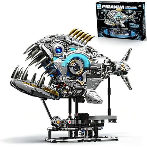 Mechanical Building Blocks Set with Light for Adults, Piranha Fish Model - color: Piranha