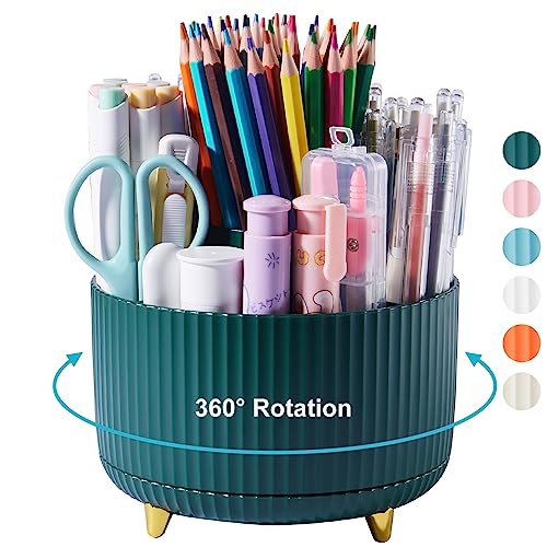 360 Degree Rotatable Pen Holder, 5 Slots Office Desk Organizer, Pencil Holder for Desk Multi-Functional Pencil Cup Desktop Stationary Organizer Storage for Office School Home Dark Green - color: Dark Green/Blue