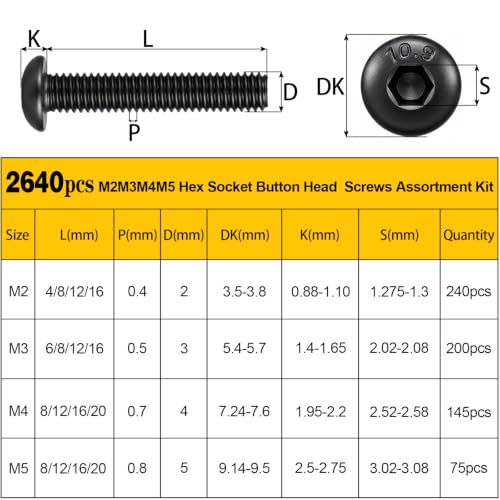 2640PCS M2 M3 M4 M5 Metric Socket Button Head Screws Assortment Kit - size: M2M3M4M5 2640pcs