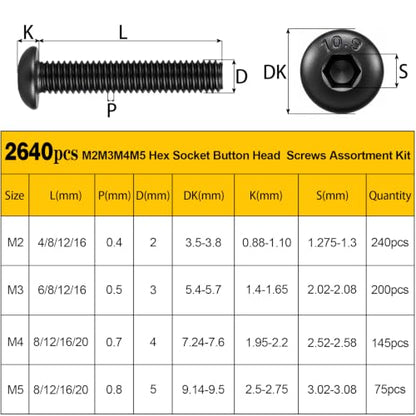 2640PCS M2 M3 M4 M5 Metric Socket Button Head Screws Assortment Kit - size: M2M3M4M5 2640pcs
