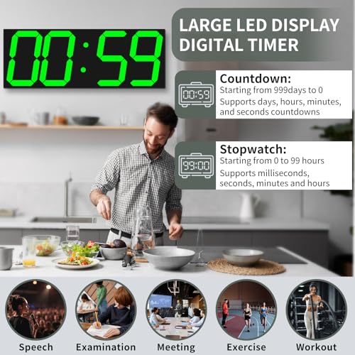 CHKOSDA 18.7in Large Digital Wall Clock,LED Digital Clock whih Big Number,Multi-Function Remote Controlled Wall Clock with Timer, Alarm and Calendar Display(Green) - color: Green