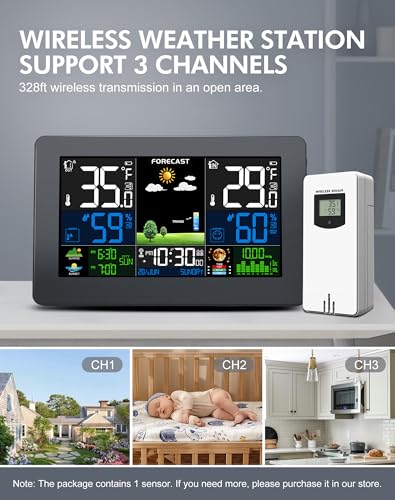 Weather Station Wireless Indoor Outdoor, 7.5" Large Color Display, Black - color: Black