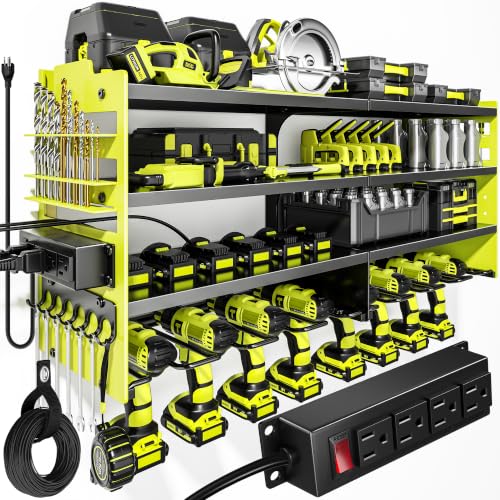 POKIPO Upgrade Power Tool Organizer Wall Mount with Charging Station,4 Layer Heavy Duty Metal Storage Rack Loads 600lbs with 8 Cordless Drill Holder,4 Outlet Power Strip Battery Utility Rack for Man - color: Light Green, size: Large