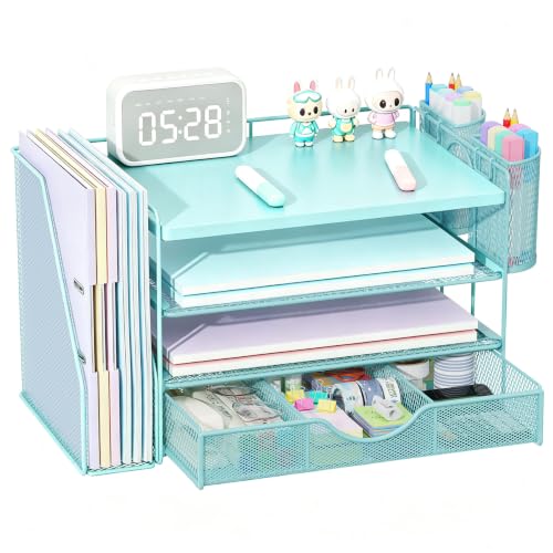 gianotter Desk Organizers and Accessories with File Holder, 4-Tier Desk Accessories & Workspace Organizers with Drawer and 2 Pen Holder, Desk Reference Organizer (Blue, 4T with Metal Drawer) - color: Blue