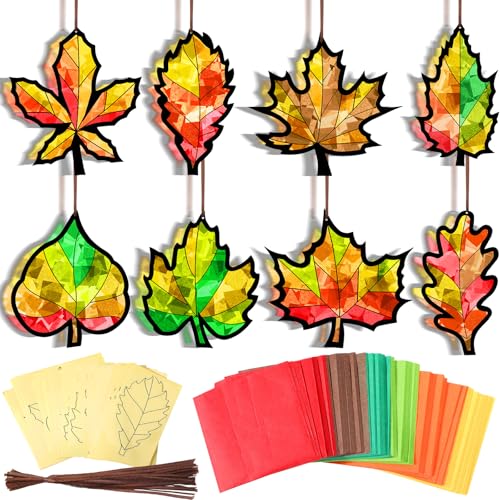 Eersida 32 Pcs Fall Crafts Kit Bulk Leaves Maple Leaf Paper Suncatchers DIY - style: Maple Leaf Style