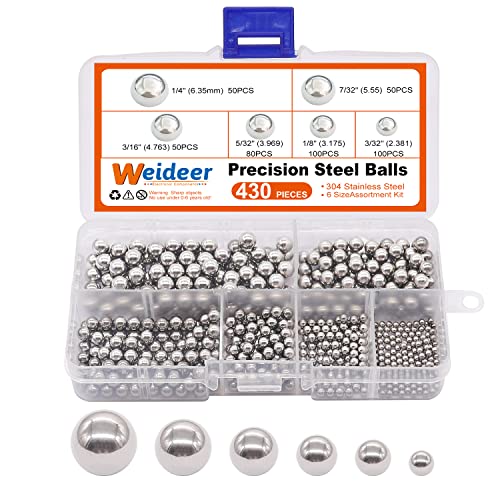 weideer 430pcs Stainless Steel Precision Steel Balls Bicycle Bearing Balls Metal Mixing Balls Assortment Kit 1/4" 7/32" 3/16" 5/32" 1/8" 3/32" K-086-430 - size: SS 6size 430PCS SAE