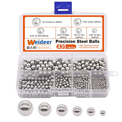 weideer 430pcs Stainless Steel Precision Steel Balls Bicycle Bearing Balls Metal Mixing Balls Assortment Kit 1/4" 7/32" 3/16" 5/32" 1/8" 3/32" K-086-430 - size: SS 6size 430PCS SAE