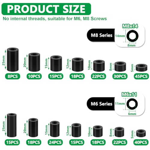 300PCS Black M6 M8 Nylon Spacers Kit, 14 Sizes- 5mm, 8mm, 10mm, 12mm, 15mm, 20mm, 25mm Length for M6 M8 Screws, Non-Threaded Round Plastic Spacers Suitable for Switch & Receptacle Screws - color: Black, size: 300PCS (M6 M8)