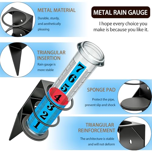 JMBay Rain Gauge Outdoor,7" Rain Gauges Outdoors Best Rated with Metal Rack Holder, Freeze Proof Rain Measure Gauge, Easy to Read with Red Float, Large Font Plastic Replacement Tube for Yard Garden