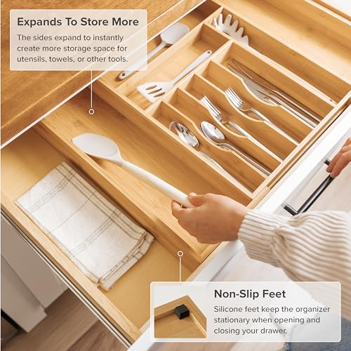 KitchenEdge Silverware & Utensil Organizer | Natural Bamboo, 14-25 In - color: Natural Bamboo, size: From 14.5" to 25" Wide