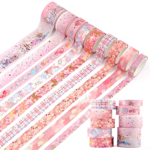 9 Rolls Gold Floral Washi Tape Set,Gold Foil Pink Floral Pattern Decorative Tape,Butterfly Star Decorative Masking Tapes for DIY Scrapbook Design Journaling Handbook Making Card Wrap Craft Gift - style: Pink flowers