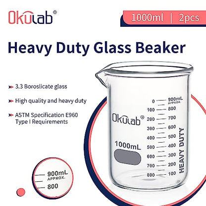Heavy Duty Glass Beaker Set, Thick-Walled 3.3 Borosilicate Glass Beakers, with Double Scale Printed Graduation, 2pcs of Vol.1000ml, HBKG1000B2 - style: 2pcs of 1000ml