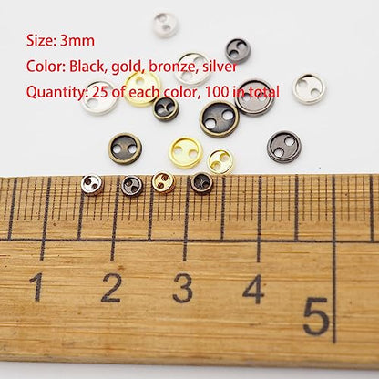 Youmeizer Wiosny 100Pcs 4 Colors Mini Metal Buttons 3mm(1/8inch) 2 Hole Mini Metal Round Buttons DIY Hand Sewing AIDS Doll Clothes (4 Colors Mixed, 3mm(1/8inch)) - size: 3mm(1/8inch)