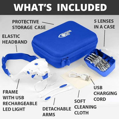 Vision Aid Expert Edition Magnifying Glasses with USB Rechargeable LED Light and Storage Case Hands Free Head Magnifier for Hobby Painting Close Work - size: USB Rechargeable - Expert Set