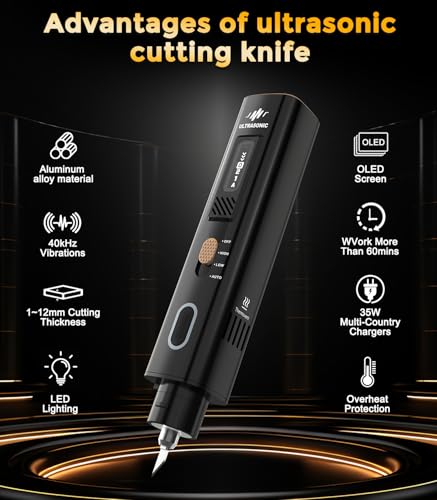 40kHz Ultrasonic Cutter Knife with OLED Display – Precision Cutting & Polishing Tool for 3D Printing, Model Making & DIY – 4 Modes, Stable Power for Plastic, Resin, Wood, Leather (50 Blades)