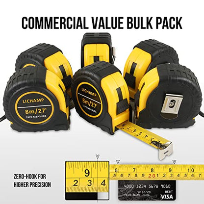 Lichamp 27FT/8M SAE and Metric Tape Measure 6 Pack, Retractable and Easy Read Measuring Tape Bulk Set, Min 1/8 inch Fraction and 1mm Scale