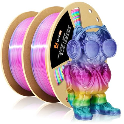 LOVOON 3D Printing Filament Bundle 2 KG, Silk Rainbow Gradient Green/Blue/Purple/Pink/Yellow 3D PLA Filament 1.75mm, Color Changing 3D Printer PLA Filaments,1KG X 2 Spools - color: Gradient Silk Rainbow, size: 2 kg