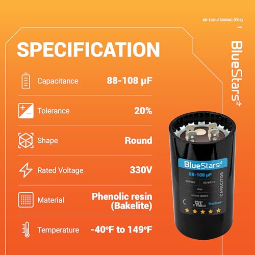 [2025 Updated] BlueStars 88-108 uF MFD 330VAC CD60 Motor Start Capacitor - size: 88-108 MFD 330 VAC
