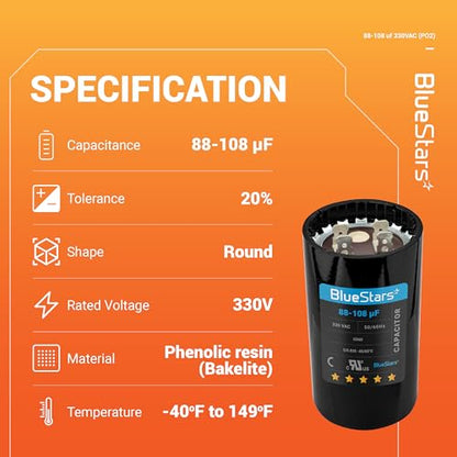 [2025 Updated] BlueStars 88-108 uF MFD 330VAC CD60 Motor Start Capacitor - size: 88-108 MFD 330 VAC