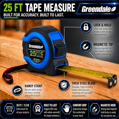 Greendale – 6 Pack Tape Measures 25 ft – Easy-Read Fractions, Magnetic Tip, Quick-Lock & Auto-Retract – Heavy-Duty Measuring Tape with Belt Clip – Blue - color: Blue