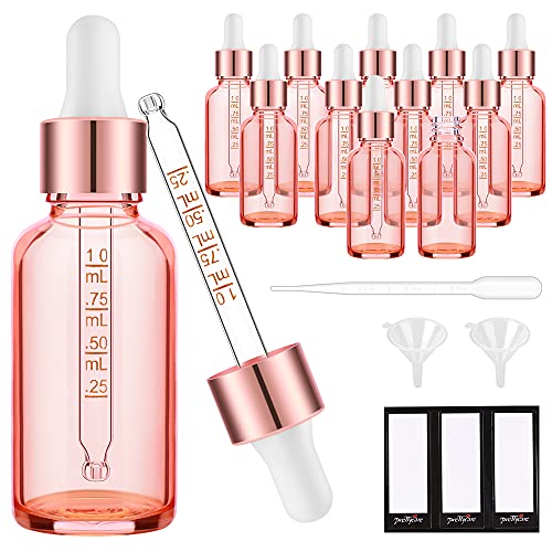 PrettyCare Glass Eye Dropper Bottles 2oz (60ml), 12 Pcs Empty Thick Pink Rose Glass Bottles Bulk with Leakproof Cap - With Labels & Funnel for for Storage, Travel,Essential Oils, DIY Serums, Tincture - color: 2oz Rose, style: 12 Pack