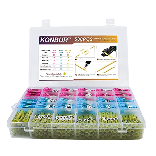 580Pcs Heat Shrink Wire Connectors - Insulated Electrical Terminals Kit - Waterproof Marine Automotive Crimp Connector Assortment –Butt Connector Ring Fork - size: 580PCS
