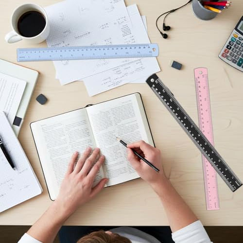 5 Pack Metal Ruler 12 Inch, Stainless Steel Ruler Kit with Centimeters, Millimeters, Inches and Conversion Table for Office and School, Easy to Read Metric Rule Set