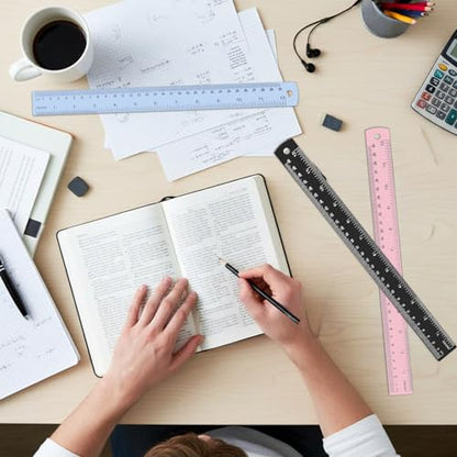 5 Pack Metal Ruler 12 Inch, Stainless Steel Ruler Kit with Centimeters, Millimeters, Inches and Conversion Table for Office and School, Easy to Read Metric Rule Set