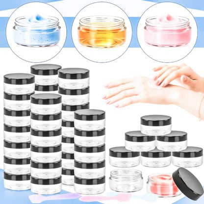 48PCS 10g Empty Clear Containers with Lids,Refillable Makeup Sample Containers, Small Sample Pot Jars Travel Makeup Container with Mini Spatulas for Liquid Powder Creams Lotions,Black Lid - color: Black, size: 10g