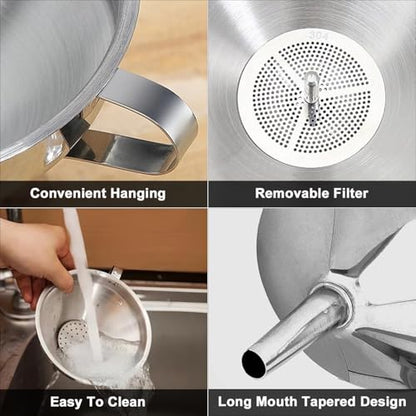 Stainless Steel Funnels for Kitchen use,4PCS Kitchen Metal Funnel with 2 Removable Strainer,Cleaning Brush.Funnel for Filling Bottles,for Transferring of Liquid,Oils,Jam (5.1",3",2.2",1.8") - size: 4pcs Funnel set