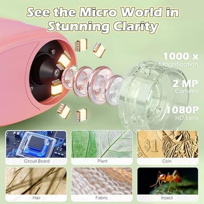 Alotwan Kids Microscope Digital 1000X Zoom, Mini Pocket Handheld Microscope Portable Travel Toys, HD Camera Video Magnifying Glass, Christmas Birthday Gifts for Girls, STEM Toys for Toddlers Age 3-8 - color: Pink