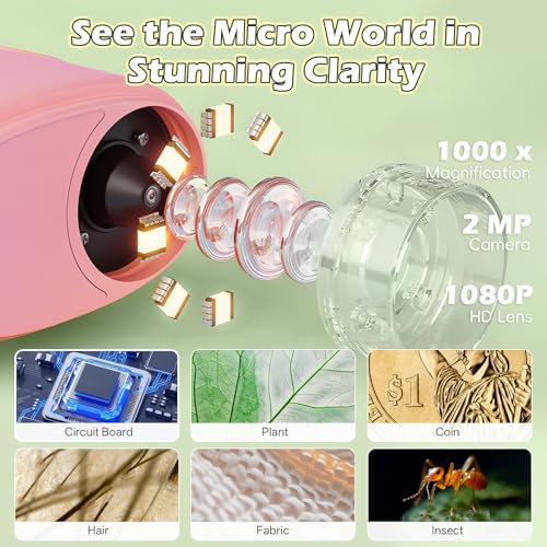 Alotwan Kids Microscope Digital 1000X Zoom, Mini Pocket Handheld Microscope Portable Travel Toys, HD Camera Video Magnifying Glass, Christmas Birthday Gifts for Girls, STEM Toys for Toddlers Age 3-8 - color: Pink
