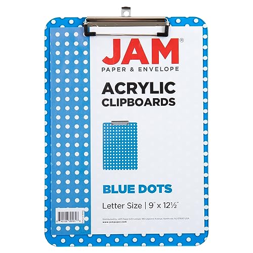 JAM PAPER Plastic Clipboards with Low Profile Metal Clip - Letter Size (9 x 12.5) - Blue Polka Dot - Clip Board Sold Individually - color: Blue Polka Dot, size: Single Clipboards