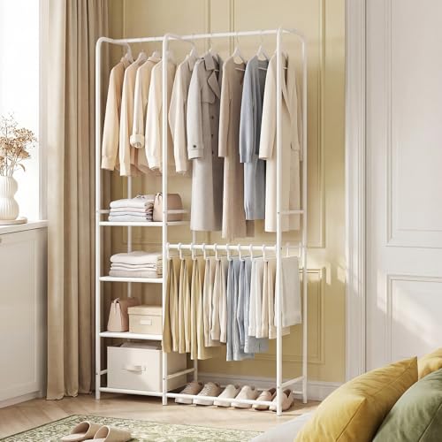 GIANTEX Clothes Rack with Pants Hangers, Heavy-Duty Metal Clothing Rack with 2 Hanging Rods & 4 Storage Shelves, Freestanding Garment Racks, Closet Organizer for Bedroom, Cloakroom (White) - color: White