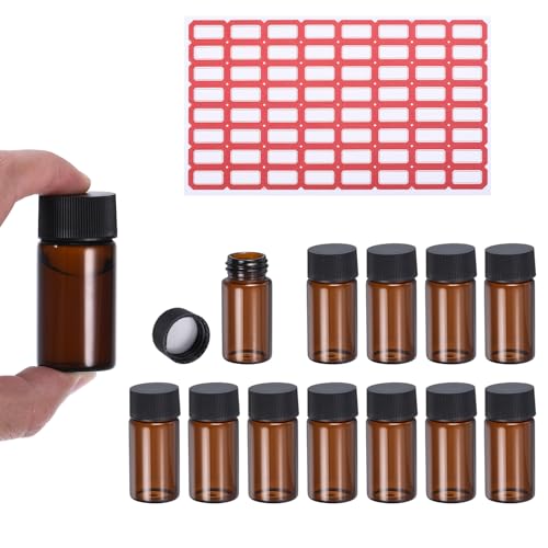 PATIKIL 20ml Amber Glass Vials, 12 Pack Sample Vials with Screw Cap and Write-on Spot Reagent Media Bottle with Labels Leak-Proof Liquid Vial for Lab - color: Brown, size: 20ml