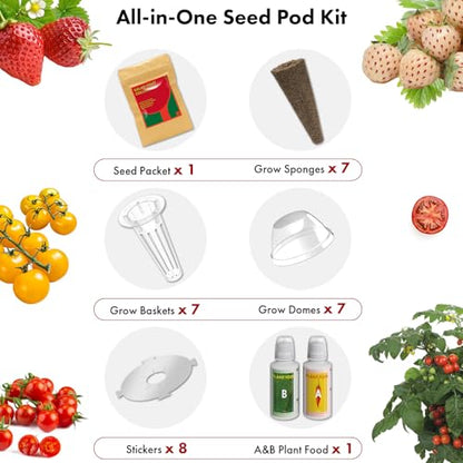 Strawberry Seed Pods for AeroGarden, Ahopegarden, iDOO Hydroponics Growing System, 350 Seeds+ Germination Including Red Cherry Tomato Golden Cherry Tomato, White Strawberry, Red Strawberry (7-Pods) - color: Fruit, size: 7pods